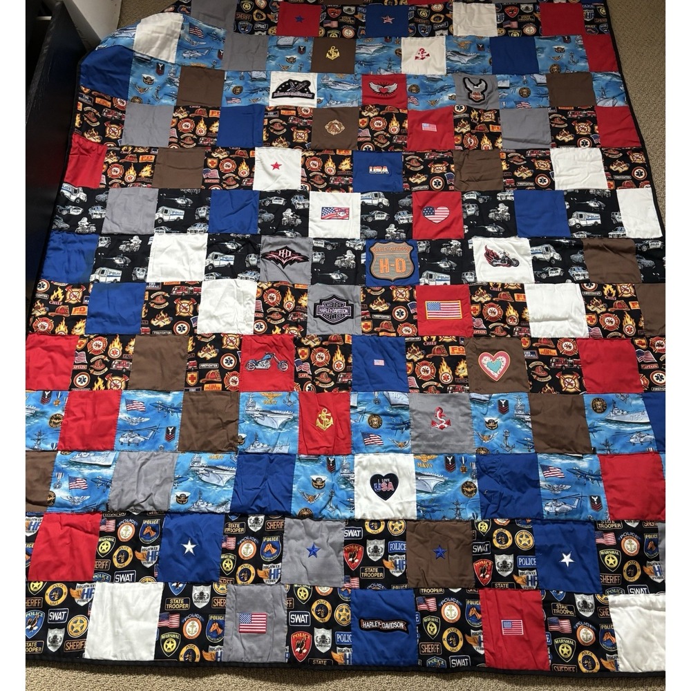 Handmade 64x 80 Quilt, Armed Services, Police, Fire, Harley Davidson